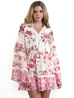 BEULAH Boho White Pink Floral Bell Sleeve Dress, L